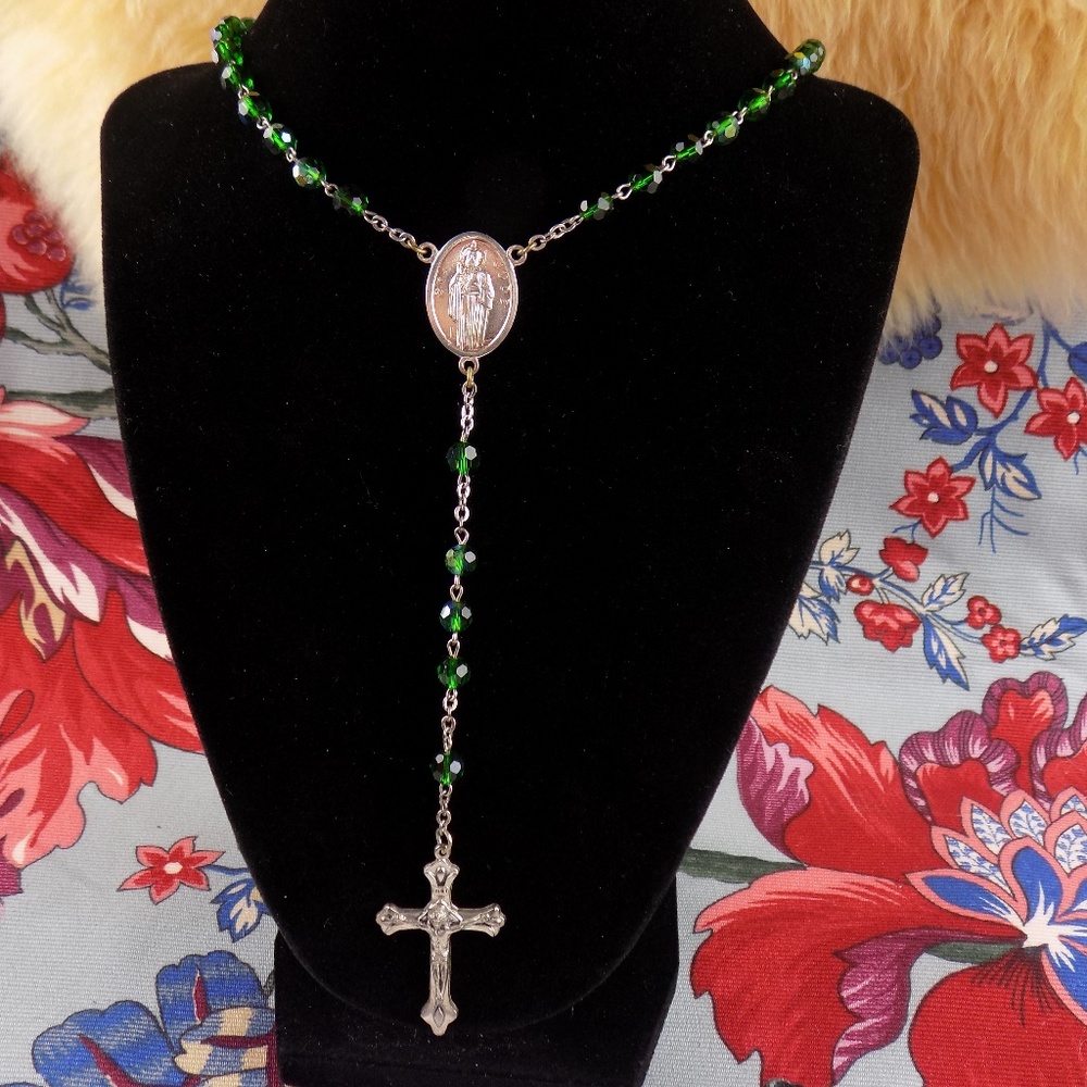 green and silver tone cross Rosary